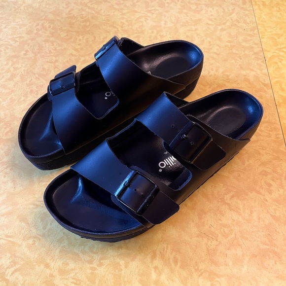Papillio Birkenstock Black Leather Platform Sandals Size 41 - Picture 4 of 9